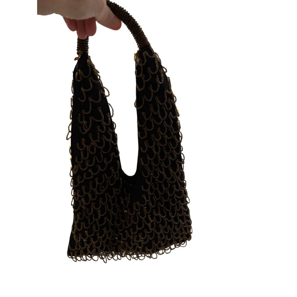 Vintage inspired Beaded Sequin Evening Bag Black Bronze Gold Hobo Handbag